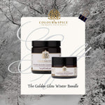 logo colour-and-spice met de producten golden bloom en uplifting moisturizer op winterse achtergrond 