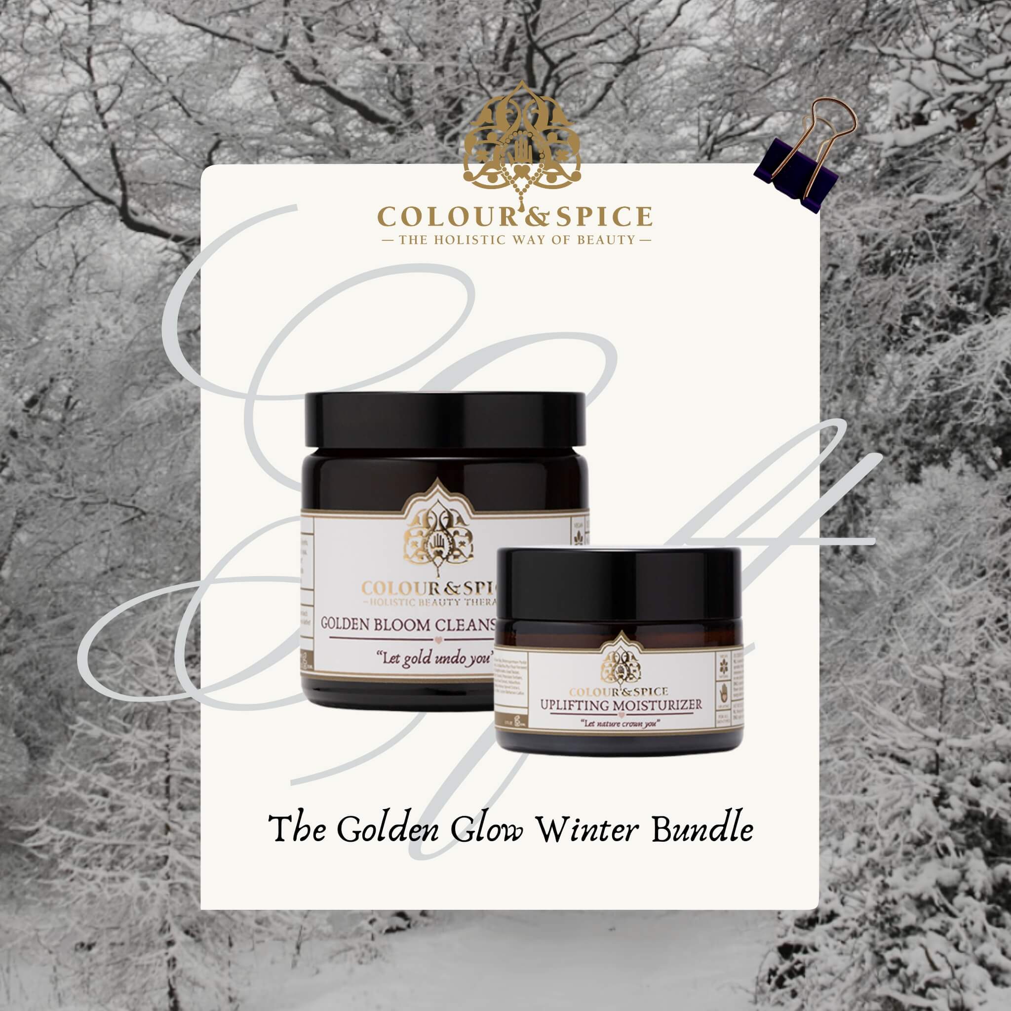 logo colour-and-spice met de producten golden bloom en uplifting moisturizer op winterse achtergrond 